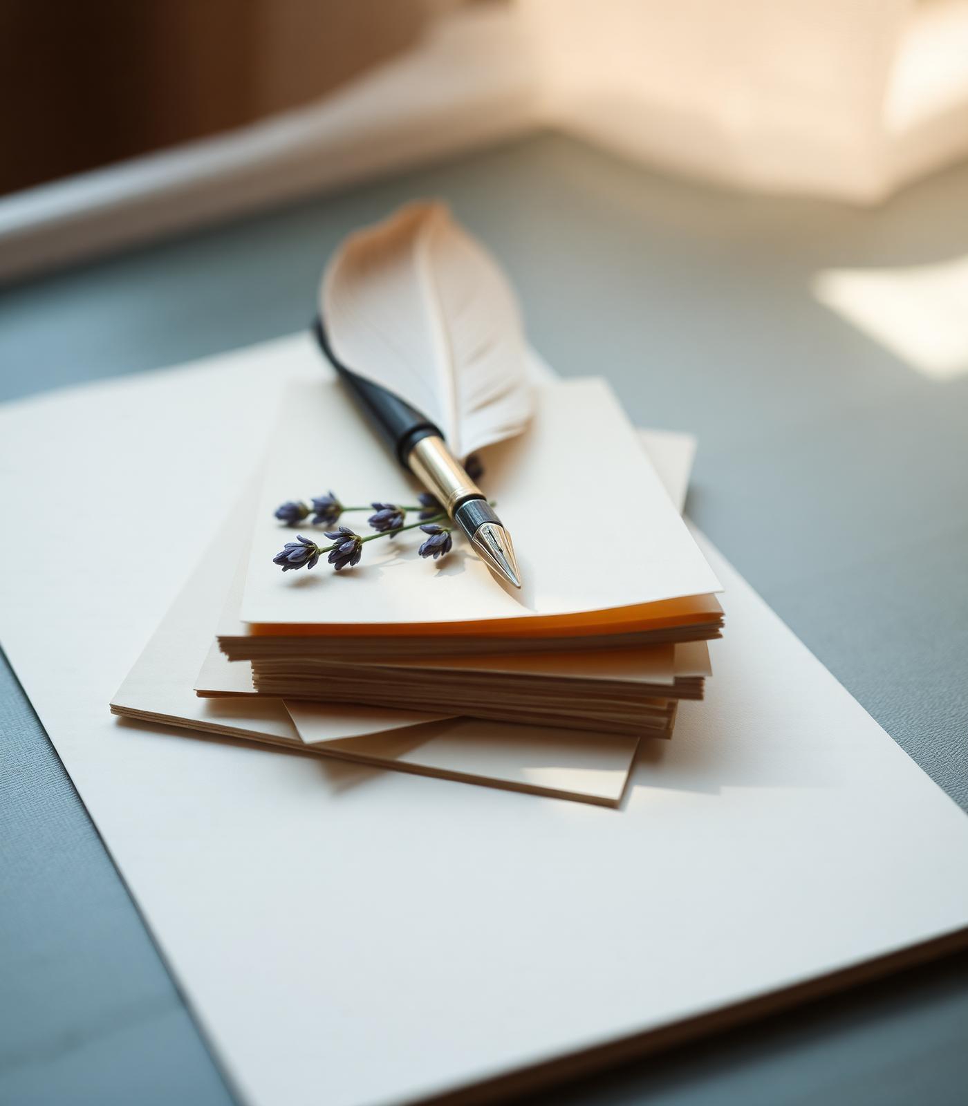 A quill resting on a stack of cream paper with a sprig of lavender
